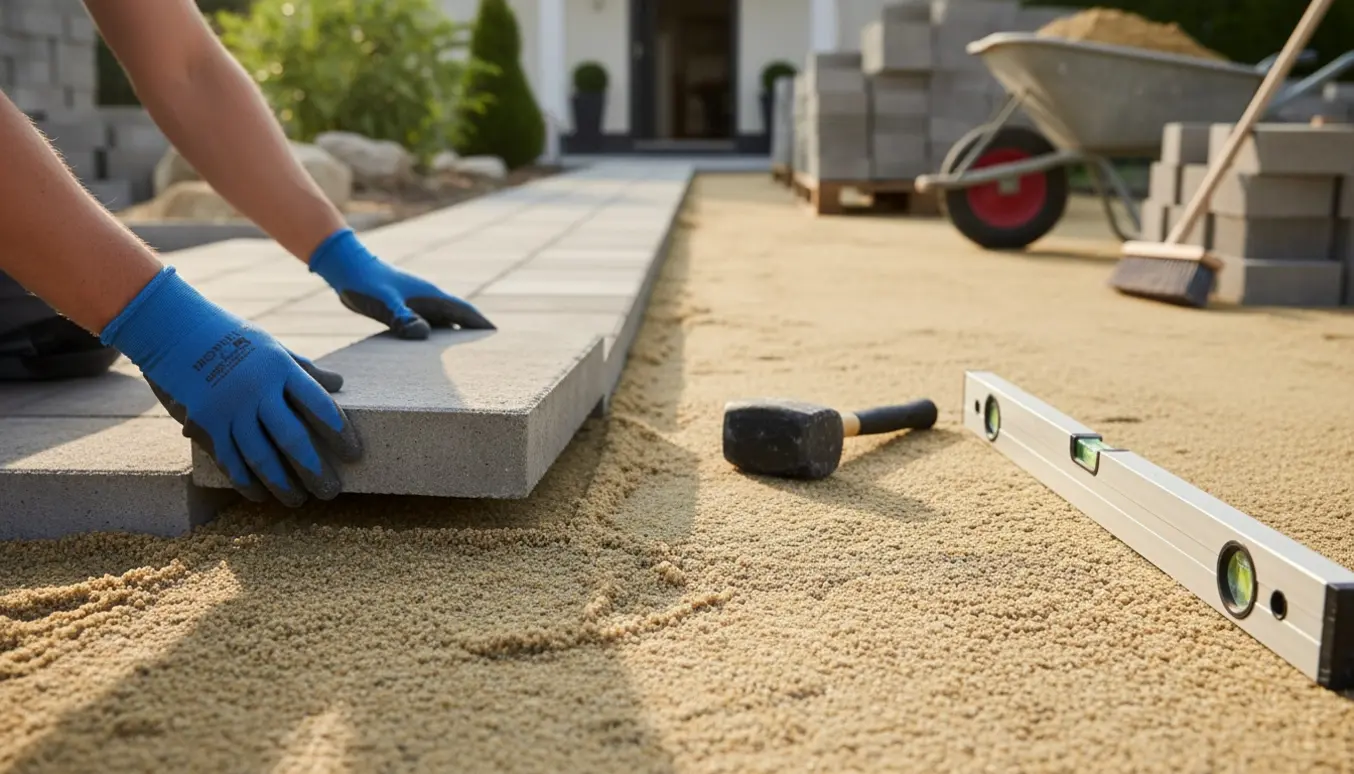 Hænder placerer en flise på en udjævnet sandbund på en terrasse, med værktøj og bunker af fliser i baggrunden.