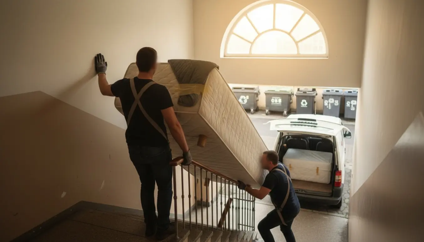 To personer bærer en tung boxmadras ned ad en trappe mod en ventende varebil til afhentning.