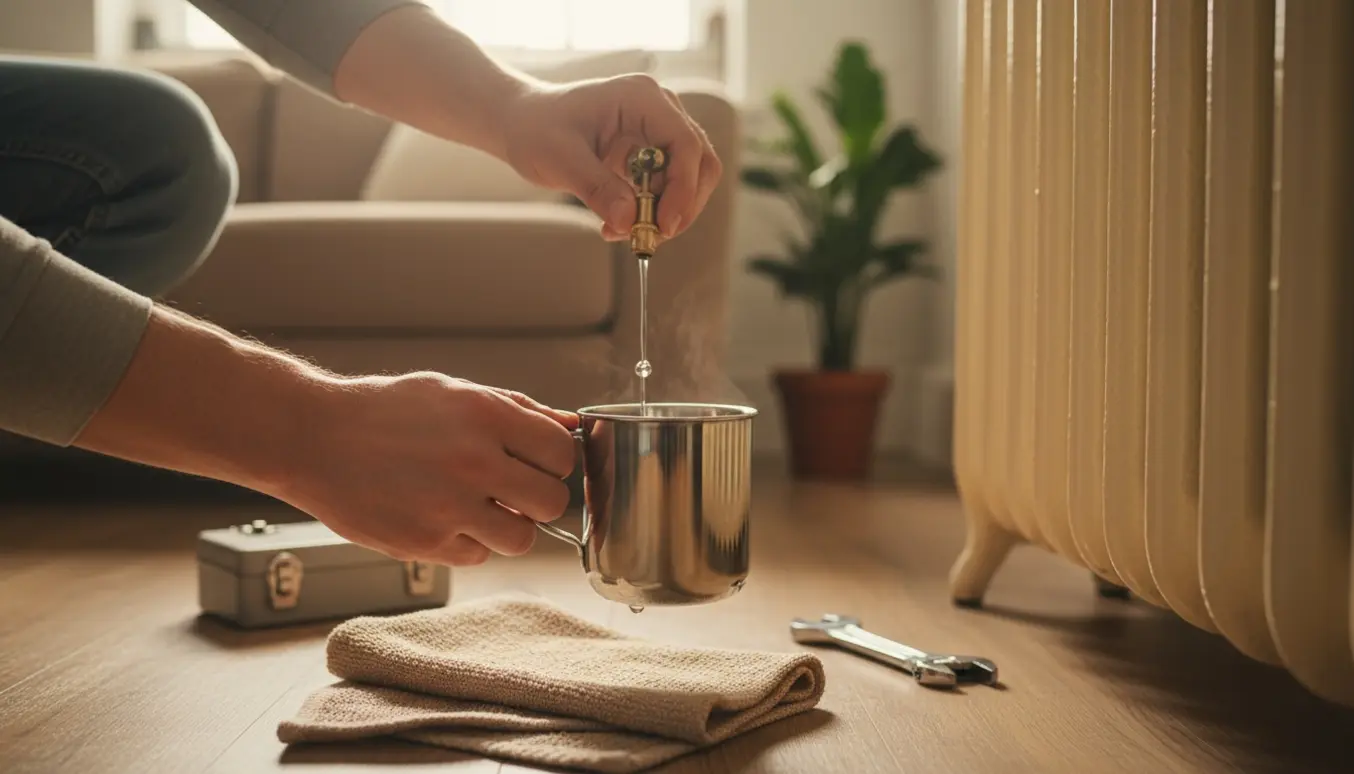 Hænder udlufter en radiator med en radiatornøgle, mens vand opsamles i en kop på et håndklæde under et vindue.