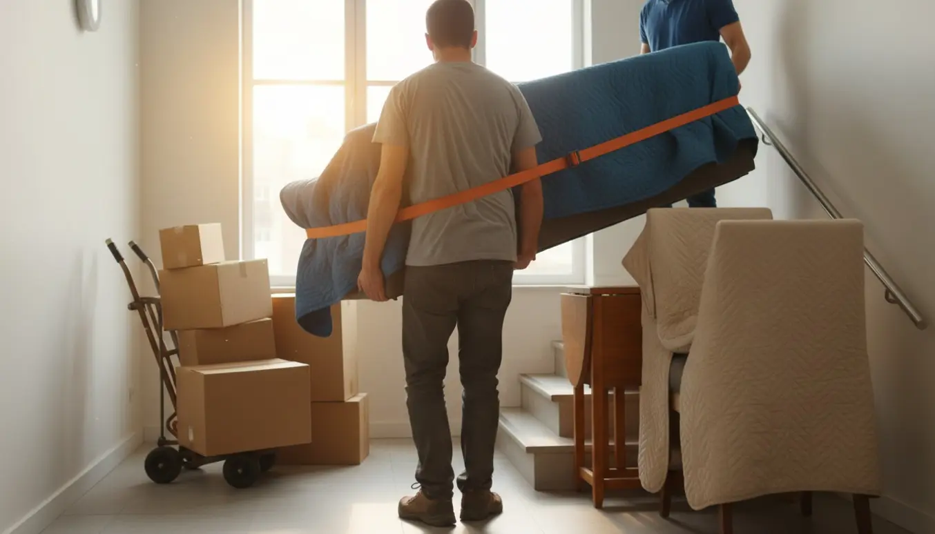 To personer bærer en sofa ned ad en opgang med bord, stole og flyttekasser omkring dem.