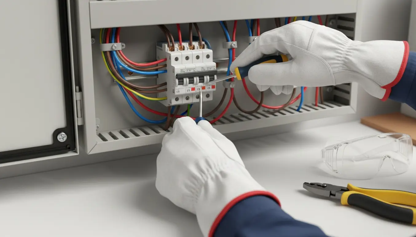 Nærbillede af isolerede hænder, der genmonterer en farvet ledning i en åben el-tavle med isolerede værktøjer.