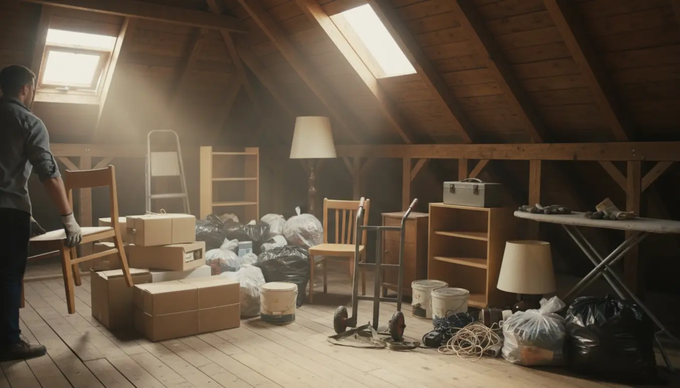 Et støvet loft med stabler af kasser, møbler og affald klar til aflevering på genbrugspladsen.