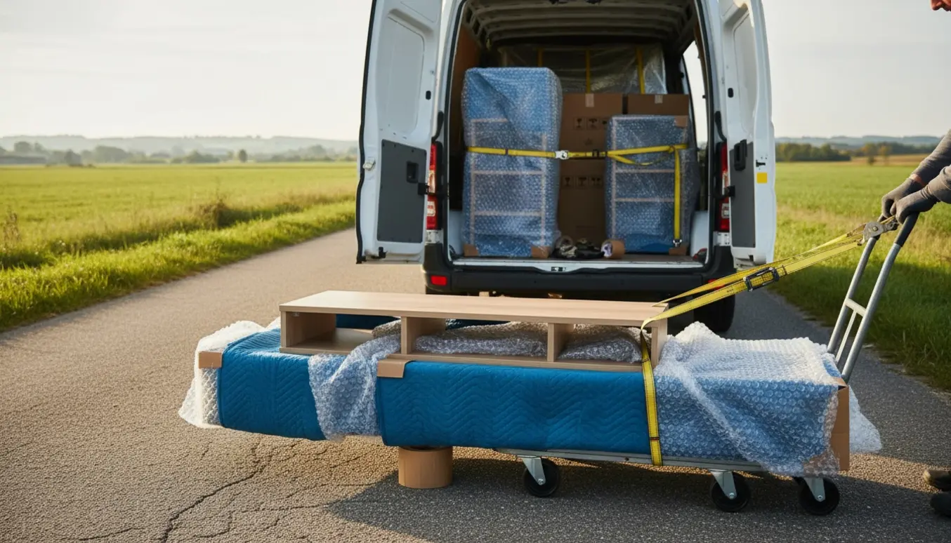 Tre dele af et TV-bord pakket i flyttetæpper og klar til at blive læsset i en varebil på en dansk landevej.