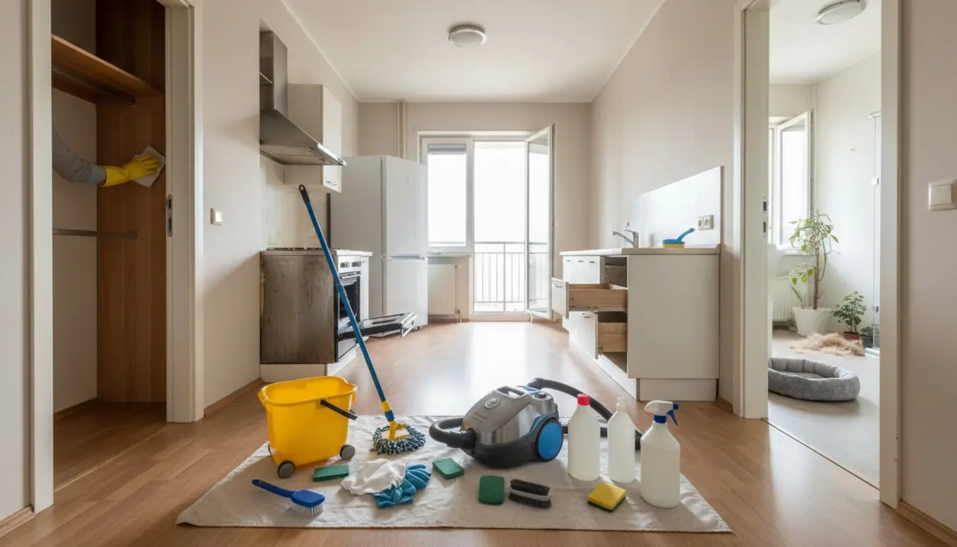 Tom lejlighed med rengøringsudstyr og handsker, hvor køkken, badeværelse og altan bliver grundigt rengjort før fraflytning.