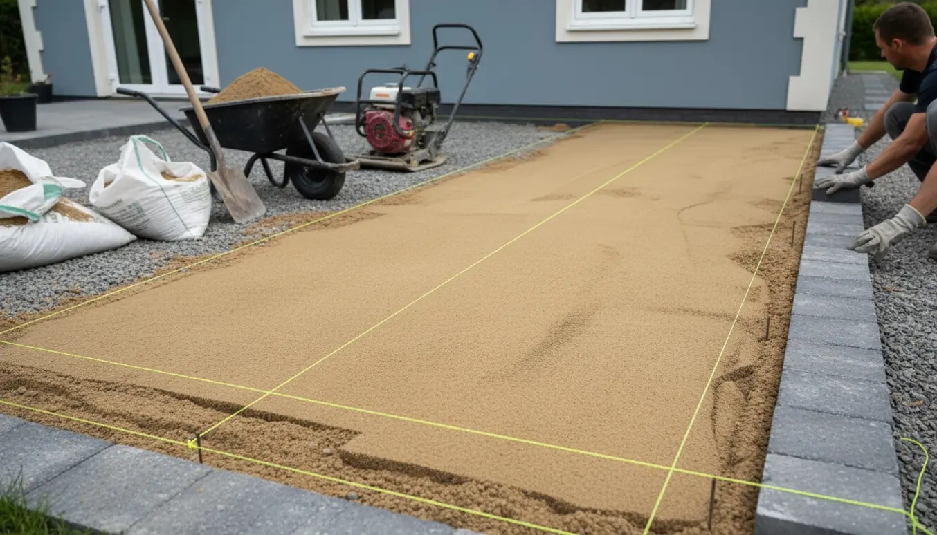 Arbejdsområde ved hus med fliser, sand, grus og værktøj klar til at lave bund og lægge belægning.