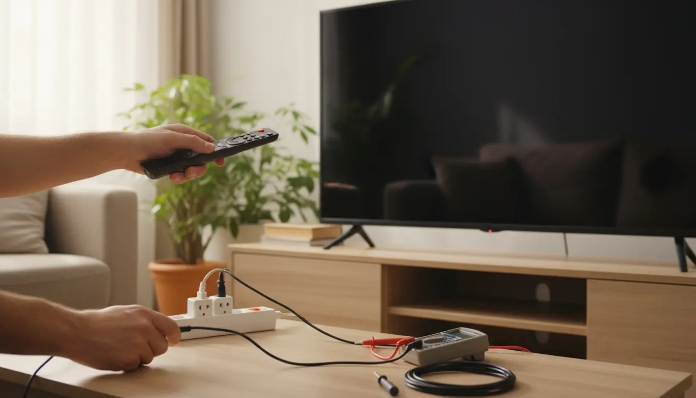 Hænder tjekker en slukket fladskærm med blinkende rødt standbylys og multimeter ved siden af.