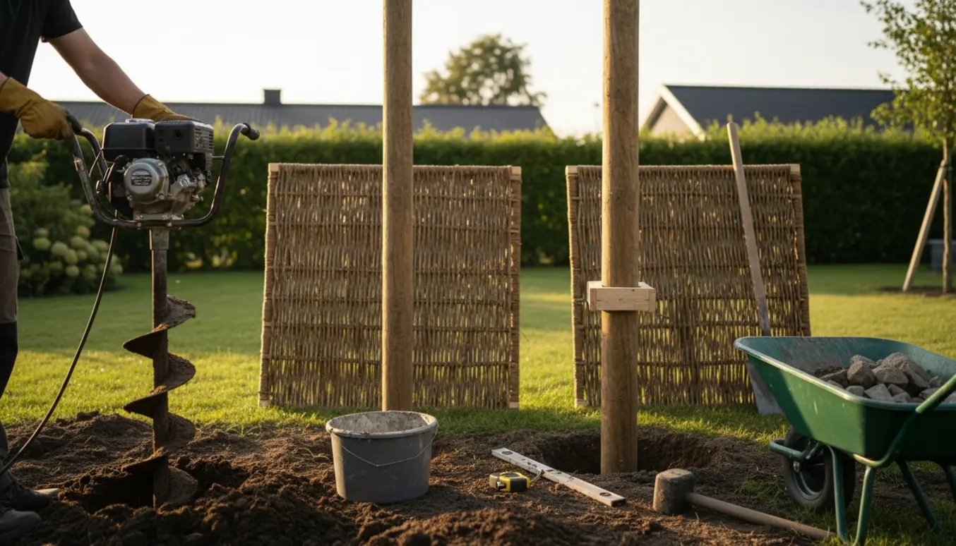 Opsætning af to flethegnspaneler og tre stolper med jordbor og stolpecement i en solrig baghave.