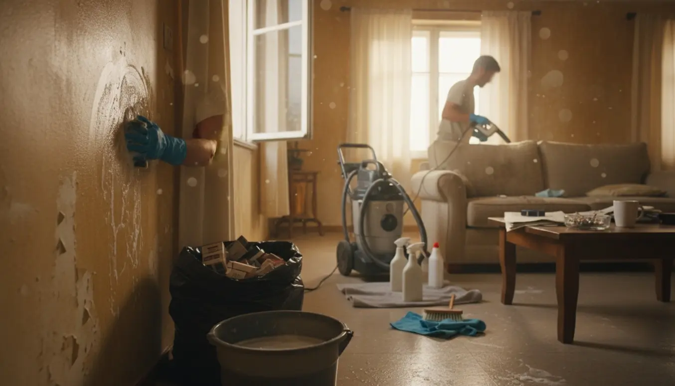 Gummihandsker skrubber nikotinbelagte vægge i en røgfyldt lejlighed med åbne vinduer og rengøringsudstyr.