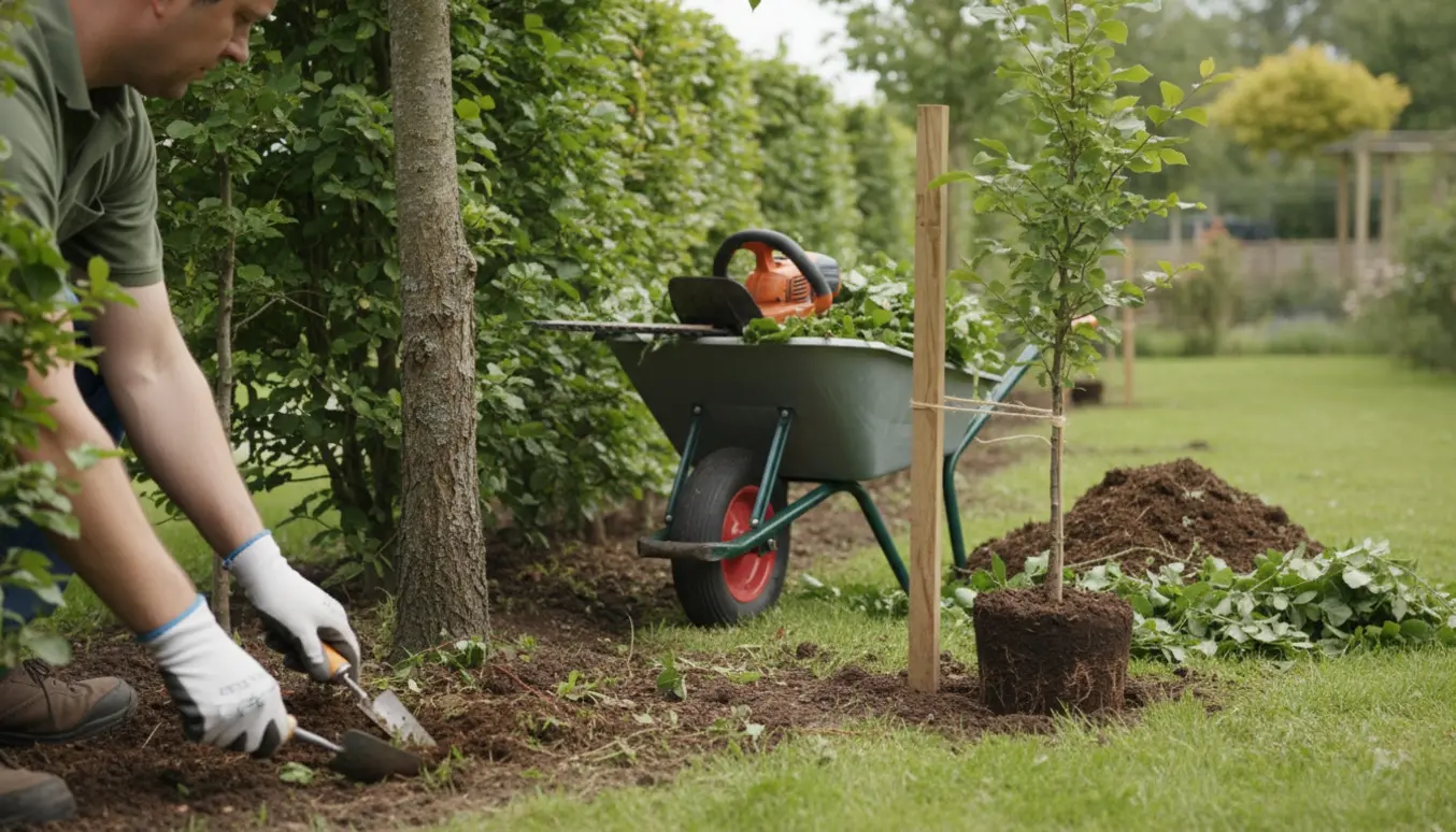 Gartner trimmer bøgehæk, fjerner ukrudt og genplanter en ung bøgehæk i en solrig have.