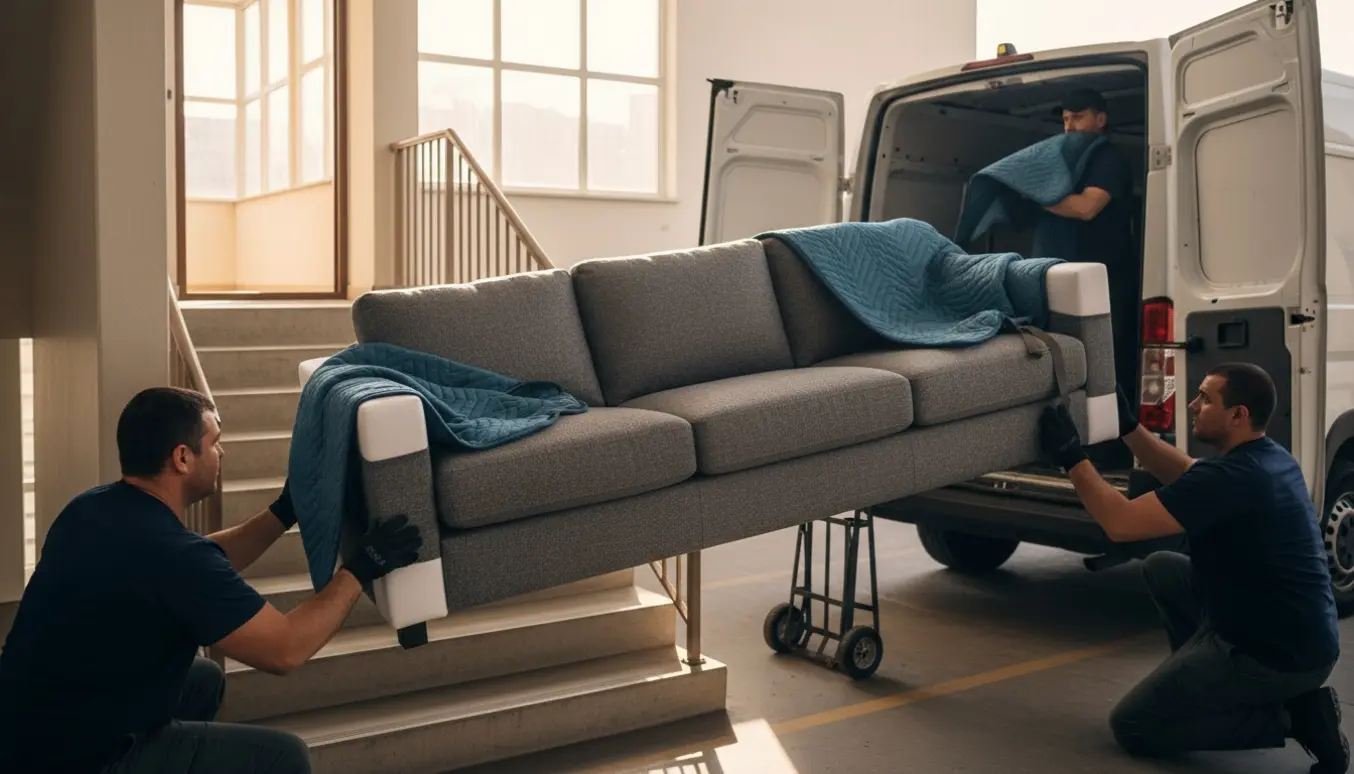 To personer læsser en stor sofa ind i en varevogn fra en opgang, med beskyttelsesbetræk og flytteudstyr.