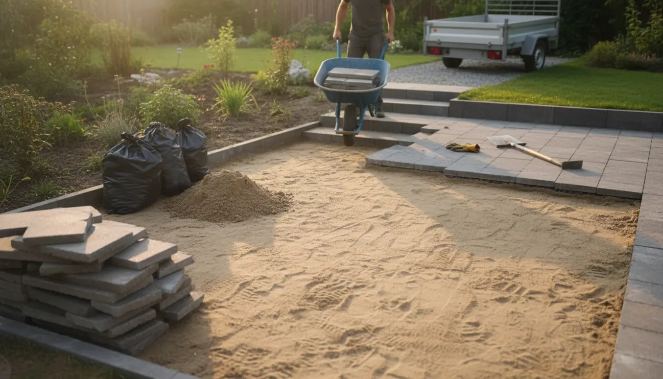 Stak af fjernede betonfliser og blottet sand i en baghave med trillebør ved to trapper.