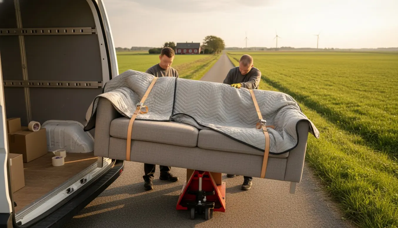 Sofa bliver pakket og løftet ind i en flyttevogn på en landevej i Lolland-Falster ved gyldent lys.