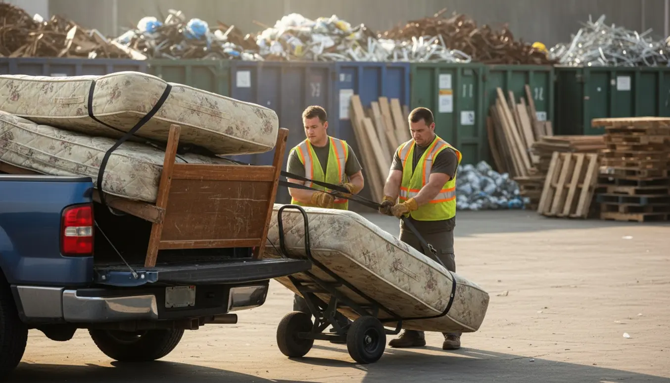 En varebil læsser en brugt seng af ved en genbrugsstation, hvor madrassen er sikret med stropper.