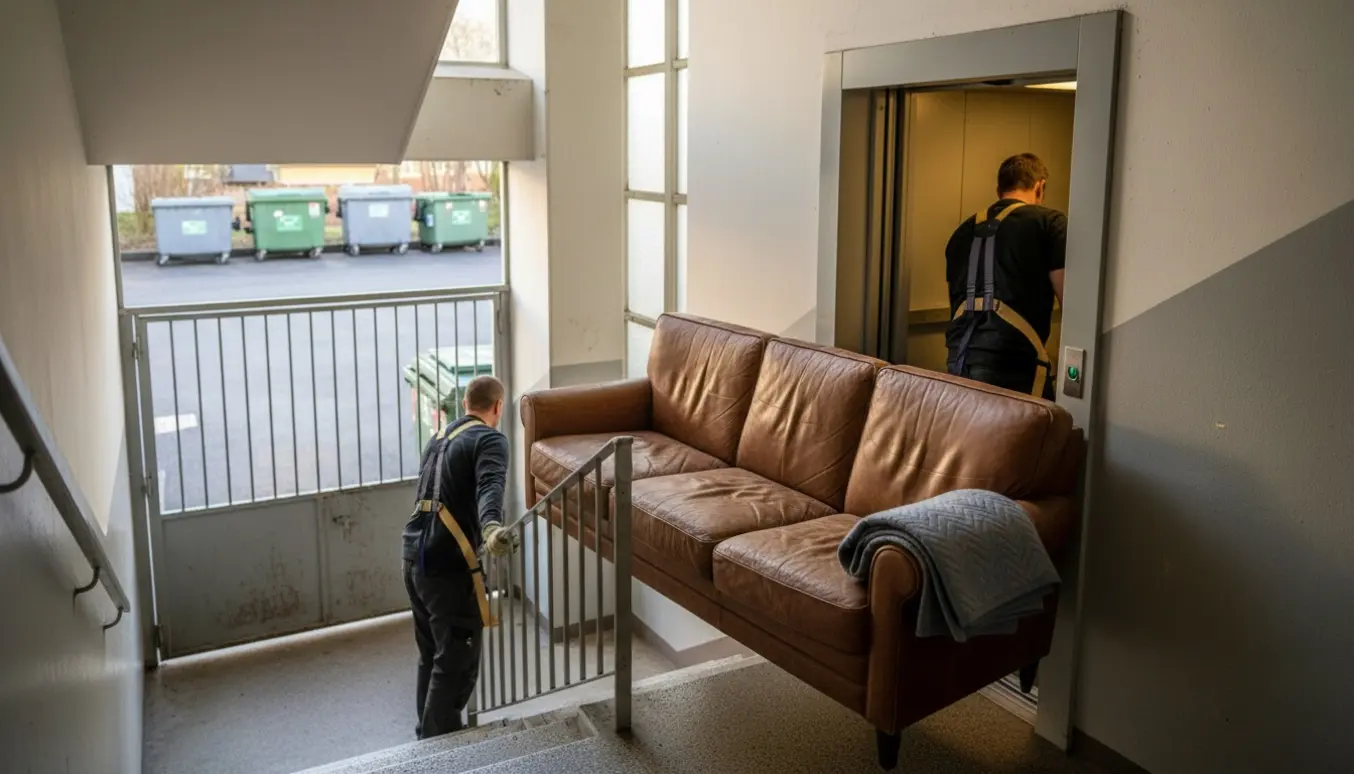 En 3-personers lædersofa bæres ned mod containergården i en boligblok, ansigter ikke synlige.