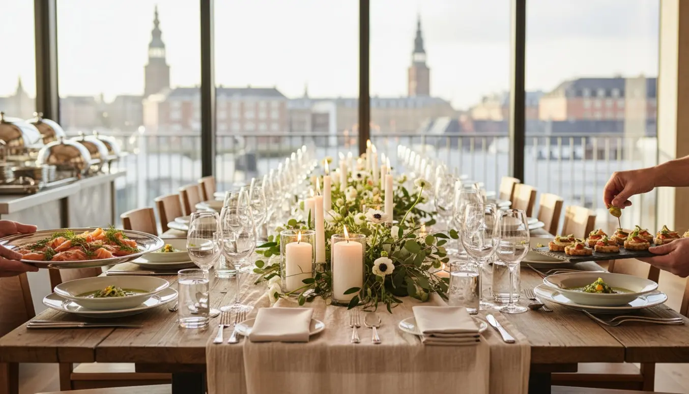 Elegant bryllupscatering med velanrettede retter og dækket bord i et lyst, skandinavisk lokale.
