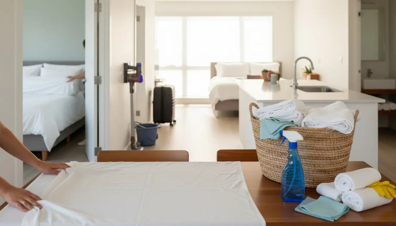 Hænder stryger en frisk dug på et spisebord i et solbeskinnet Airbnb med foldet sengetøj og rengøringsmidler i baggrunden.