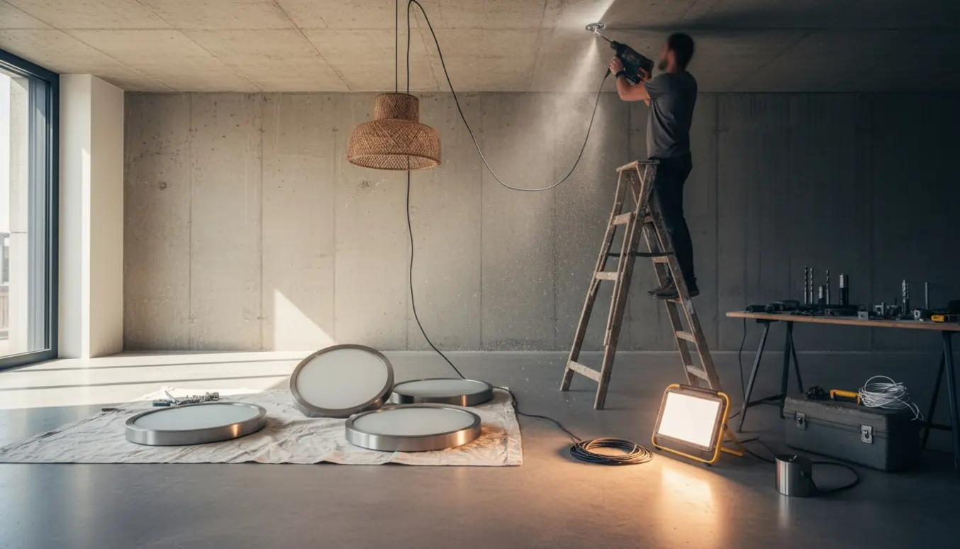 Montering af tre plafondlamper og en pendel i et betonloft med borehammer og stige.