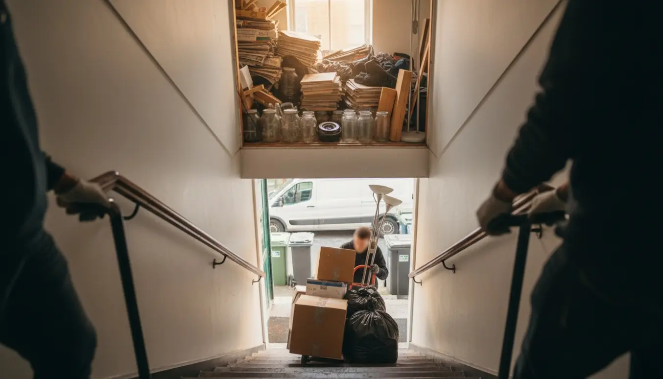 Bagtrappe med åben loftrumslem, flyttevogn og stabler af aviser, flasker, tøj og lamper under tømning.