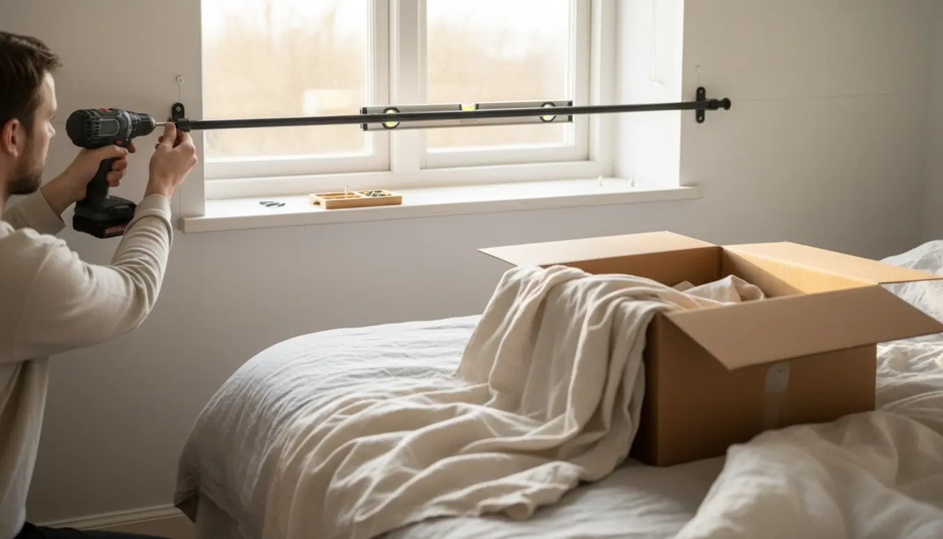 Montering af gardinstang og gardin i et lyst, skandinavisk soveværelse med værktøj og hands-on arbejde ved vinduet.