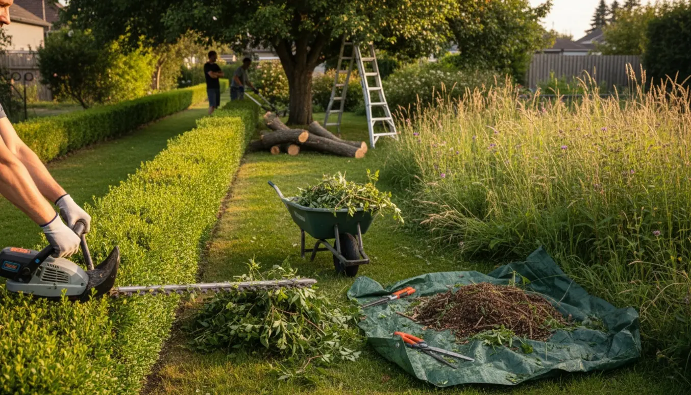 Overgroet hæk langs begge sider af en grund under beskæring med nysavede grene og haveredskaber.
