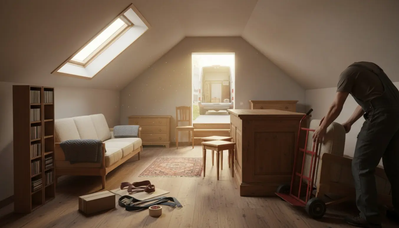 Lille loft med møbler samlet og en sofa på flyttedolly klar til afhentning.