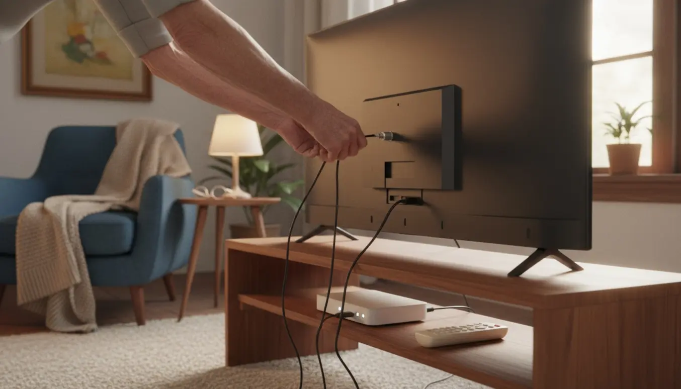 Hænder forbinder antennekabel og strøm til et nyt 43-tommer TV på en tv-reol i en hyggelig stue.