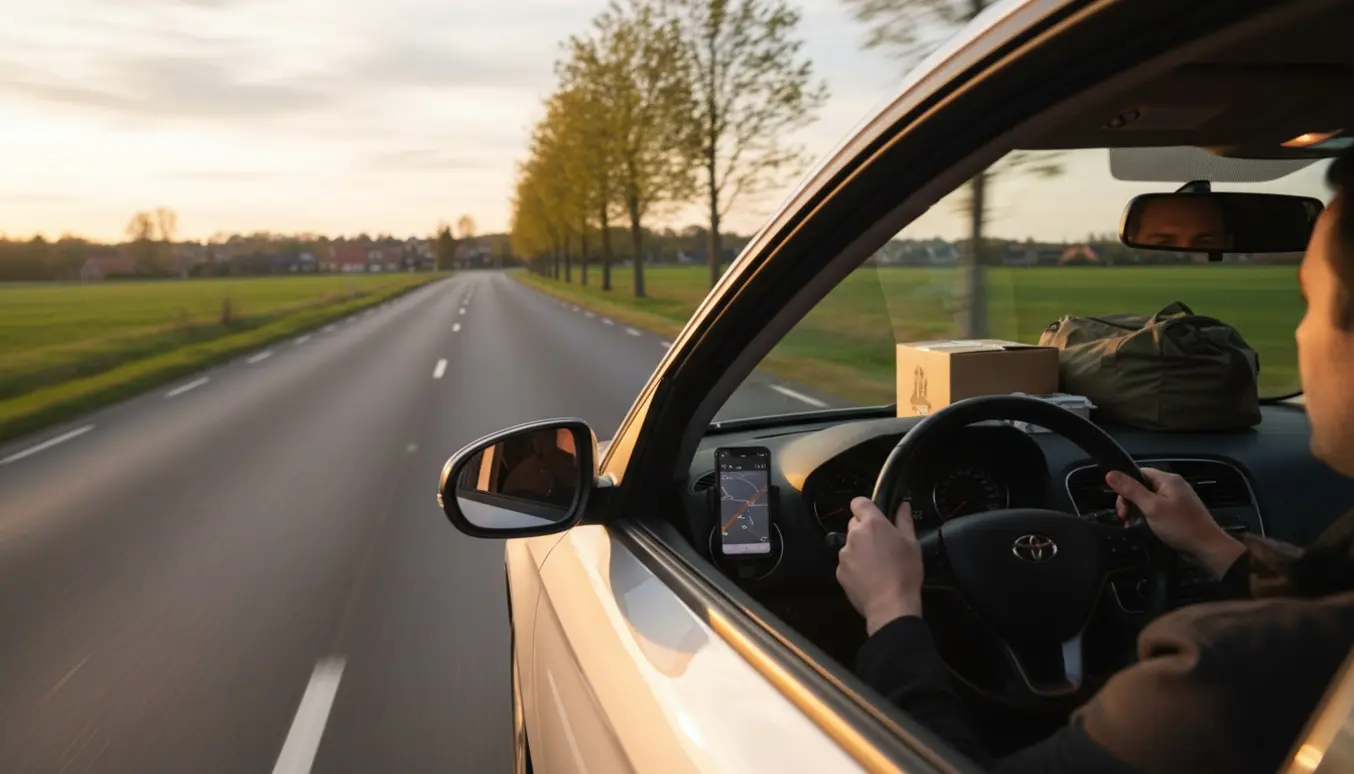 En bil på vej langs en dansk motorvej med bagagerummet pakket til transport.