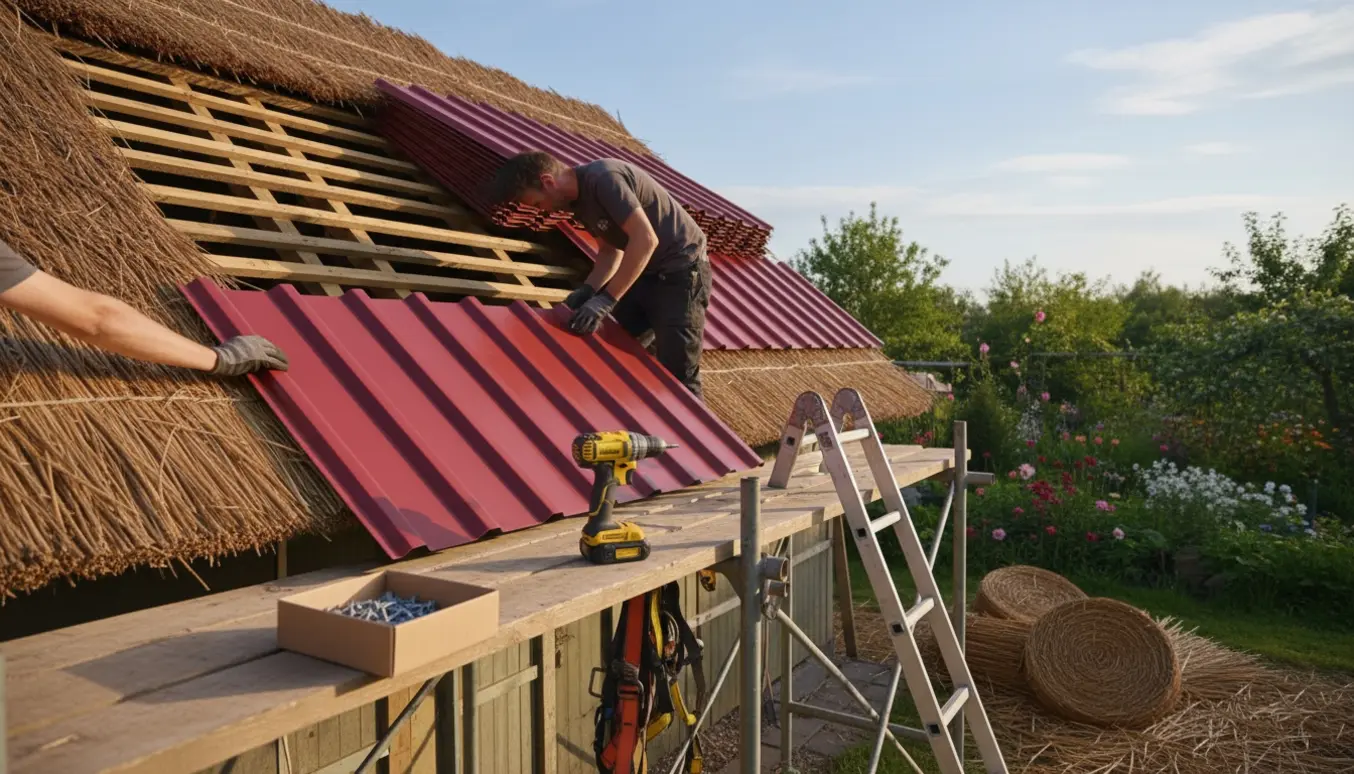 Værksted under tagskifte med røde B7-plader delvist monteret og fjernet stråtag ved siden af.