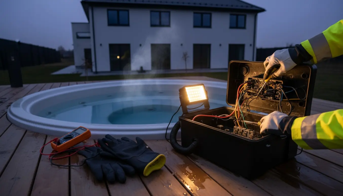 Hænder i beskyttelseshandsker arbejder på brændte ledninger ved en udendørs jacuzzi med værktøj og måler på terrassen.