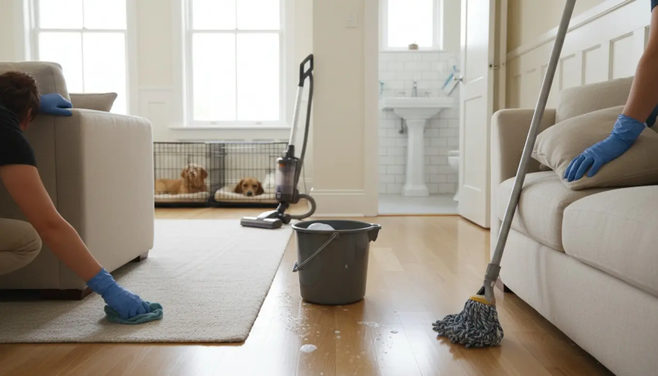 Hands i handsker pudser paneler i en solrig stue med støvsuger, moppe og to hunde i bure i baggrunden.