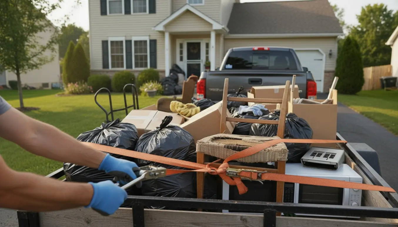 Trailer halvt læsset med affaldssække og kasser foran et åbent rum, mens arbejdshænder spænder en strop.