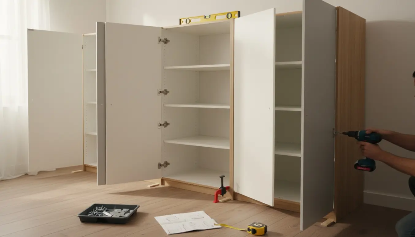 To sammenbyggede garderobeskabe under montage med værktøj og kiler for at rette op på et skævt gulv.