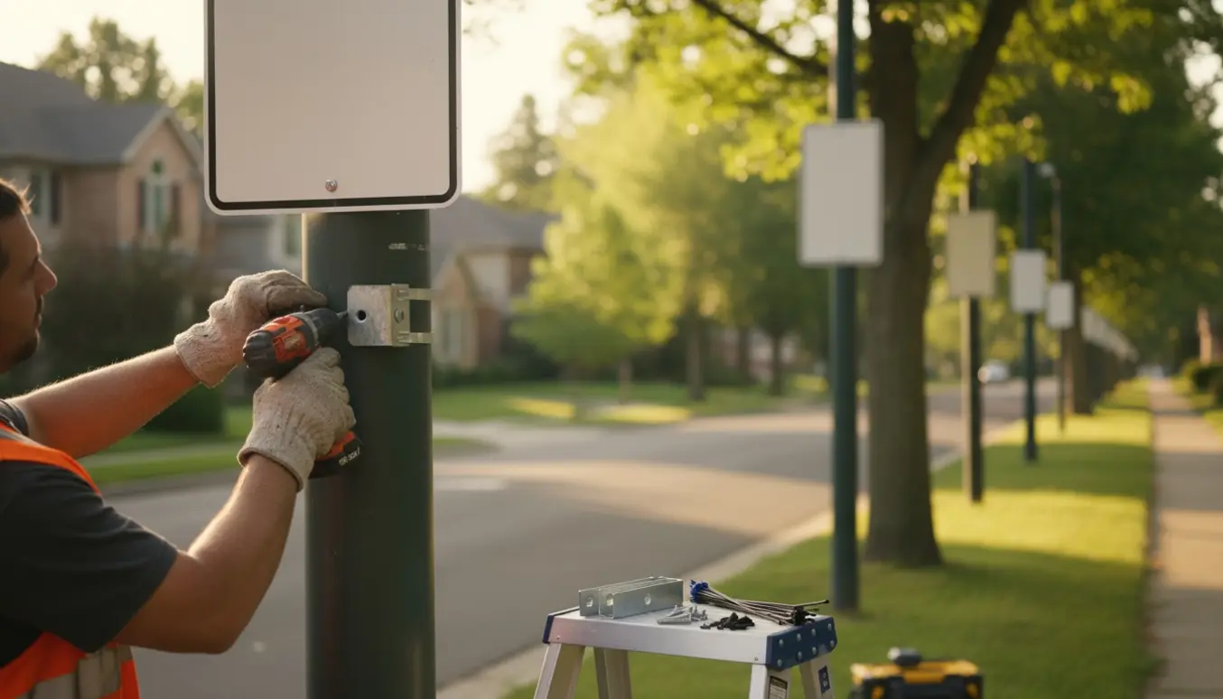 Hænder monterer et nabohjælpsskilt med to beslag på en lysstolpe, fem skilte synlige langs gaden.