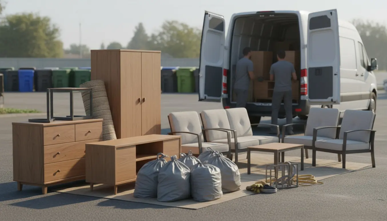 En varevogn lastes med møbler og store sække tøj klar til aflevering på genbrugsstation.