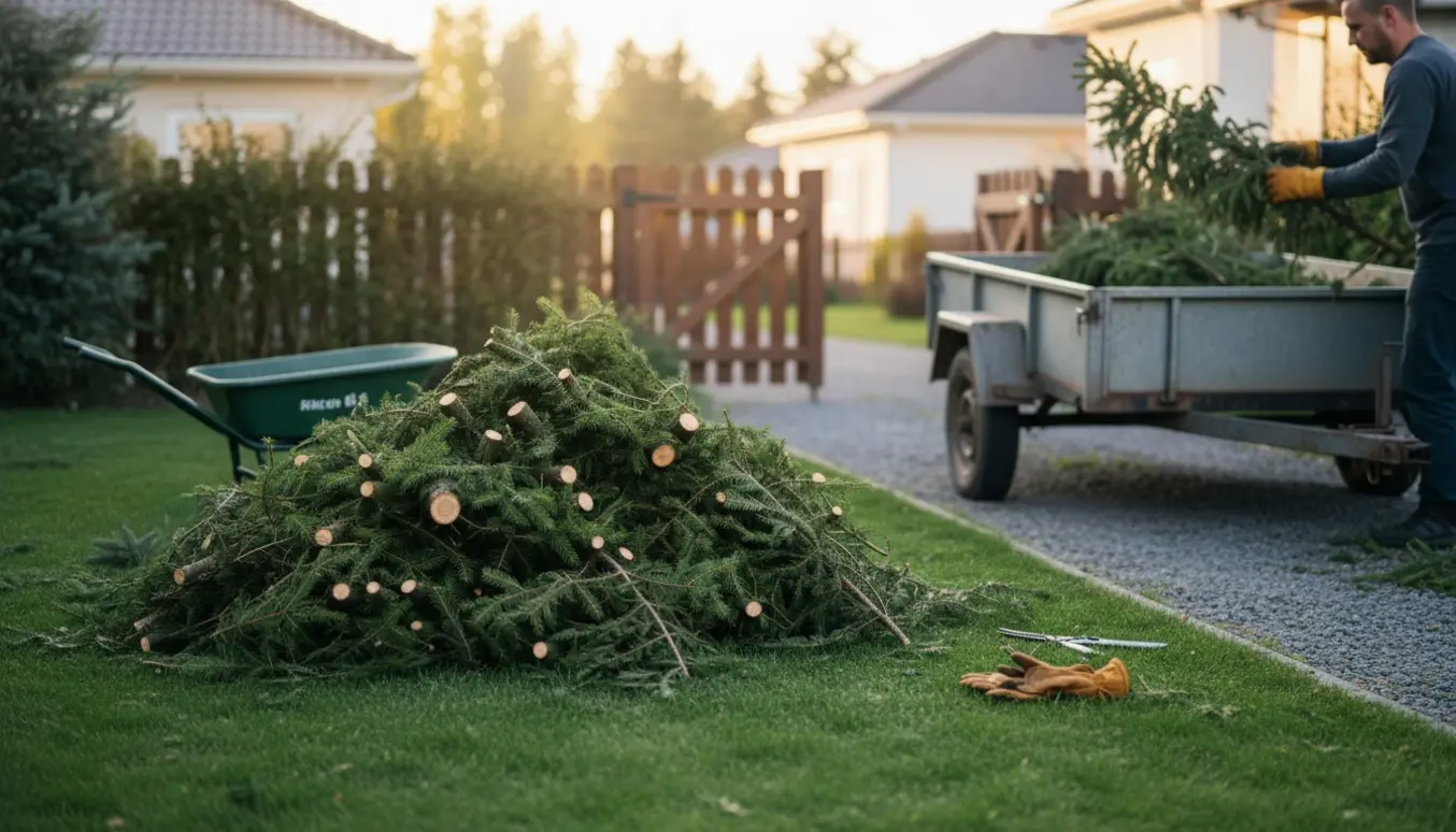 Stor bunke af nyklippede grangrene ved siden af en halvfyldt trailer i en have, klare værktøjer og bløde solstråler.
