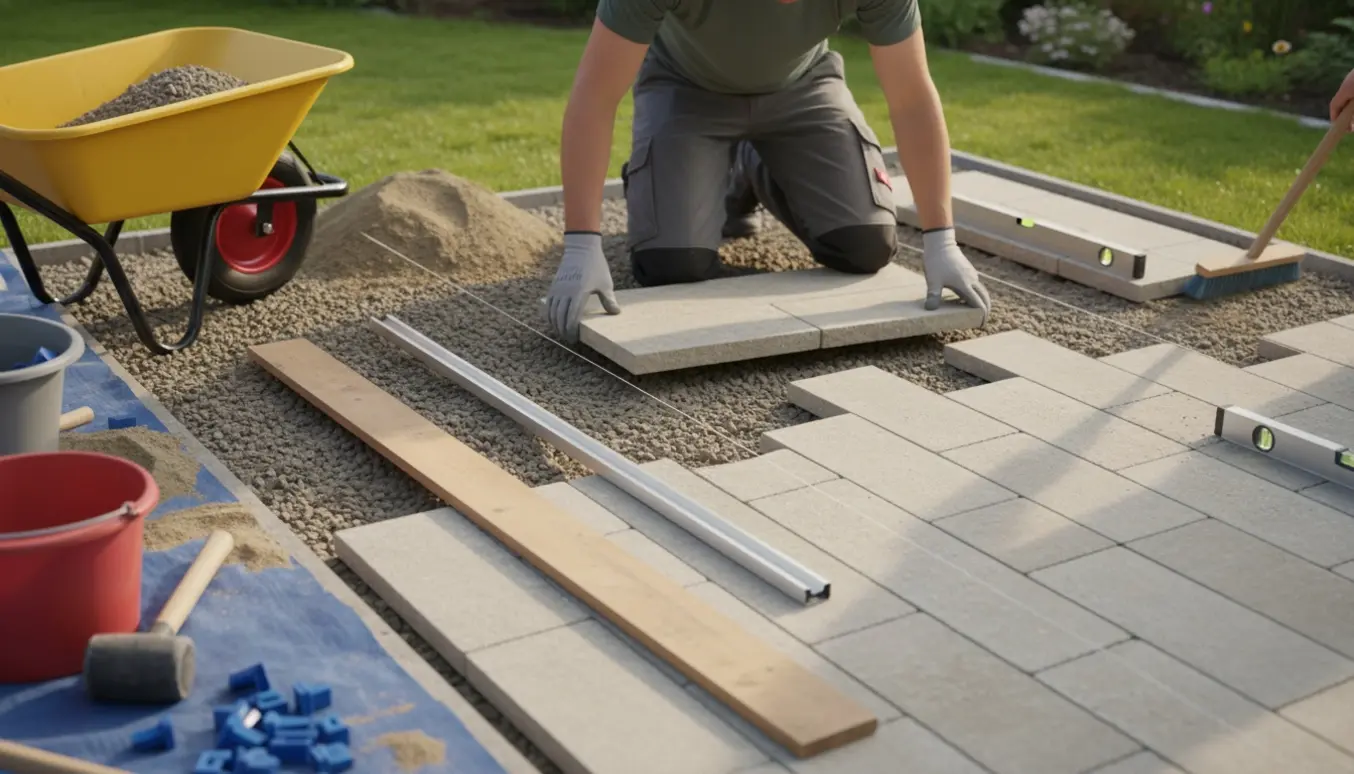 Belægningsarbejde med fliser, afretningssand og værktøj på et stampet knust betonunderlag.