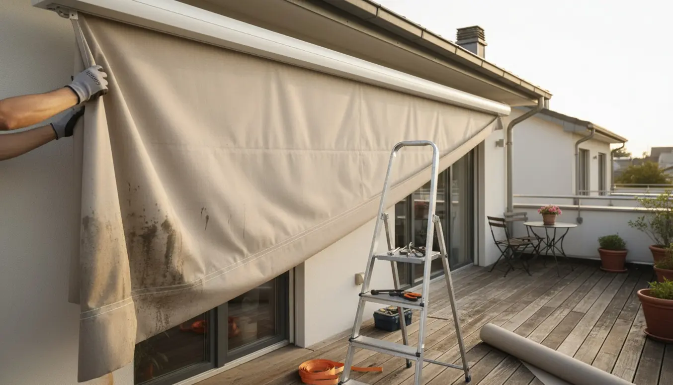 Tekniker monterer ny markisedug over terrasse, mens den gamle våde dug hænger delvist fjernet.