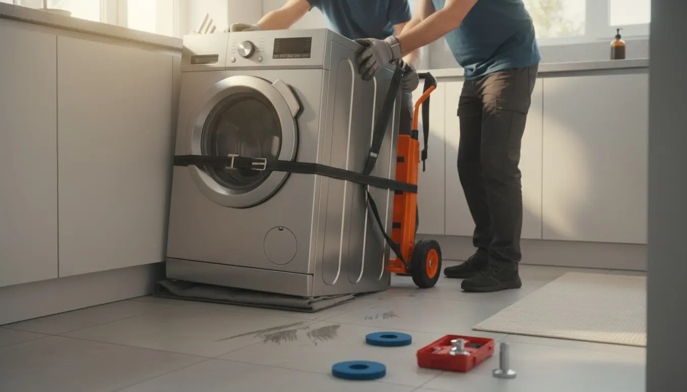 To håndværkere flytter en stablet vaskemaskine og opvaskemaskine i en lys køkkenniche med dolly og flyttetæpper.