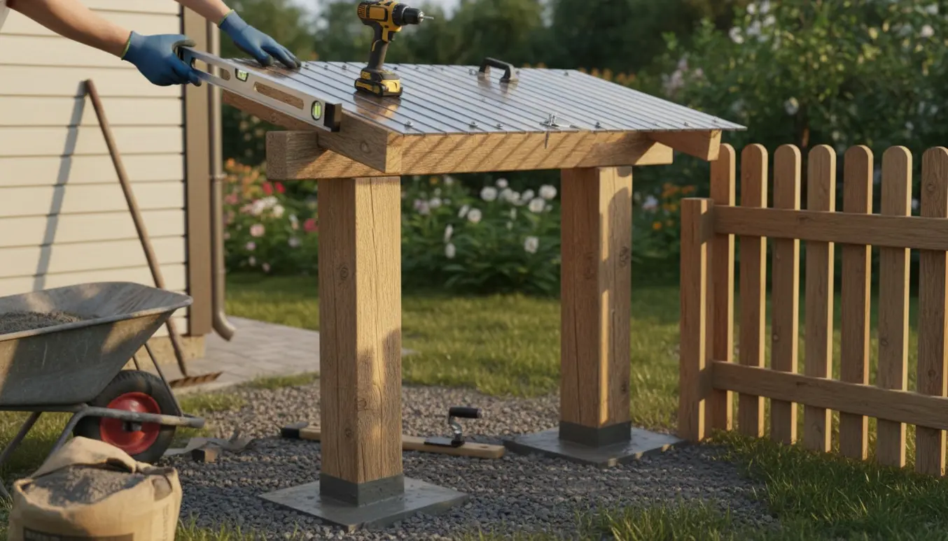 Halvtag over hoveddør under opførelse med nedstøbte stolper og gennemsigtigt plasttag.