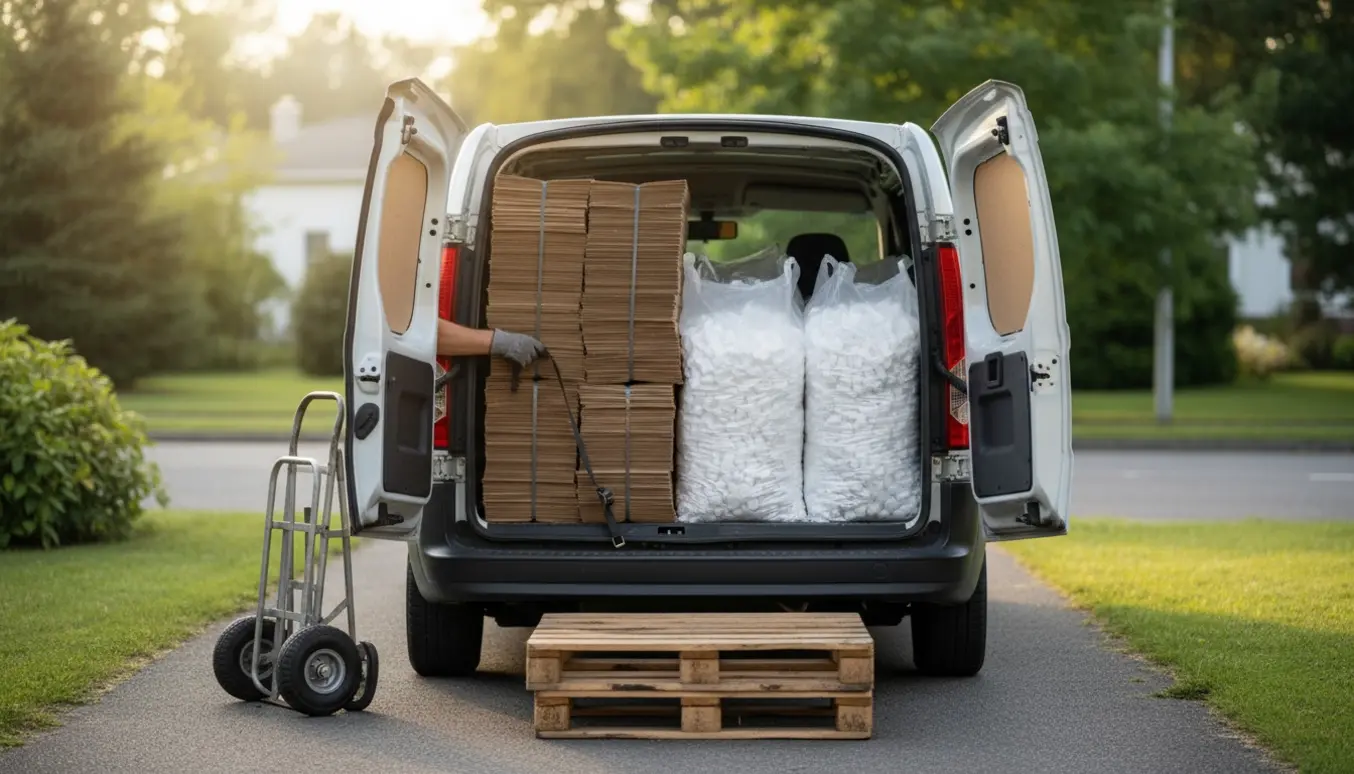 Åben varevogn med stakke af fladpakkede papkasser, to sække flamingo og en palle klar til afhentning.