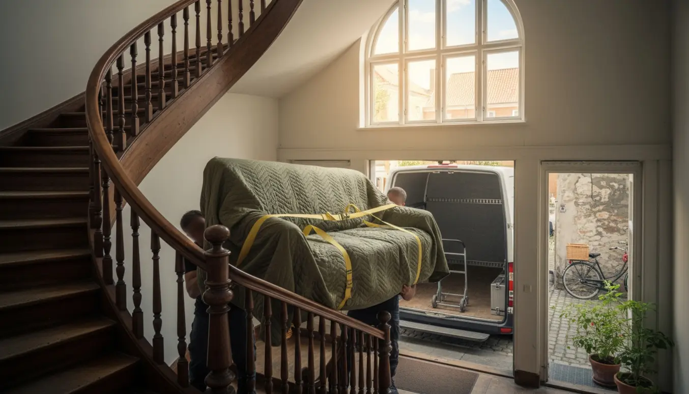 To flyttemænd bærer en trepersoners sofa ned ad en trappe i en ældre Frederiksberg-opgang mod en åben flyttevogn.