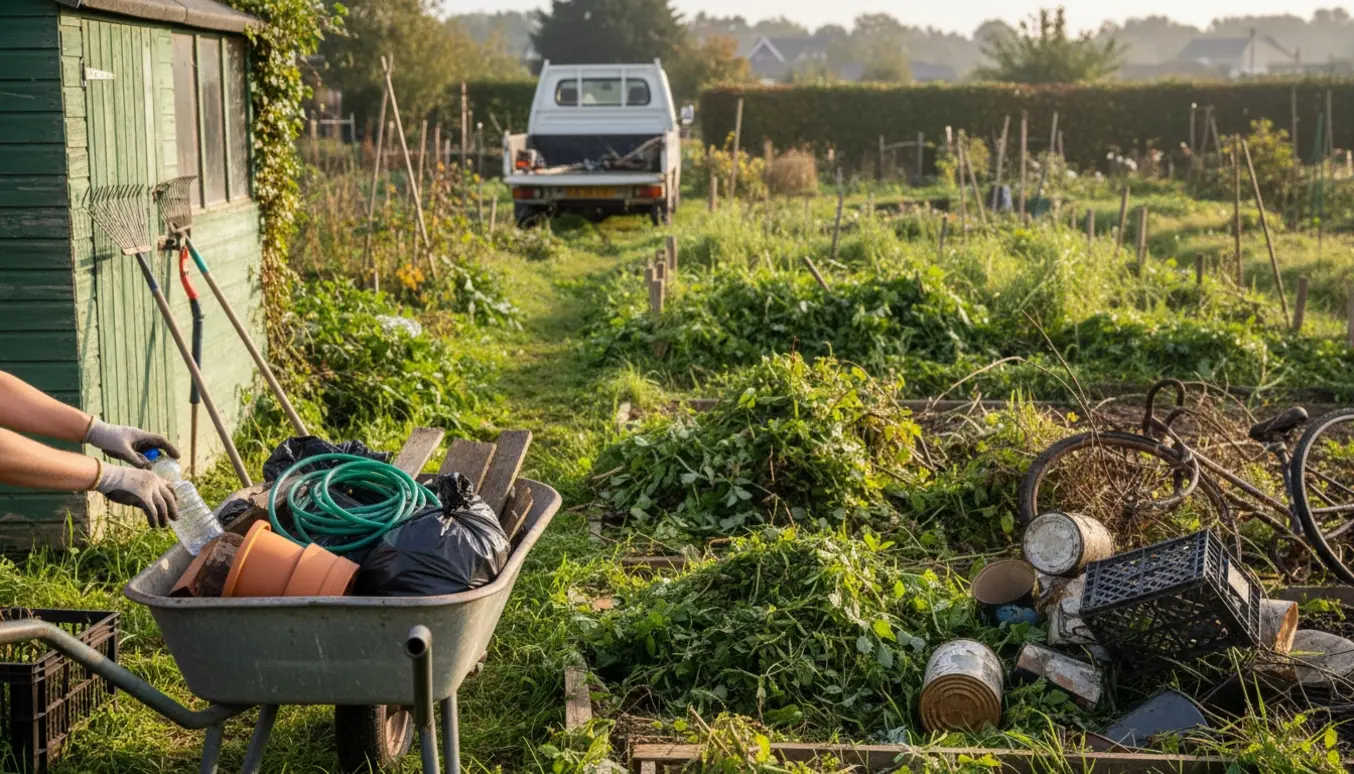 Overgroet kolonihave med redskaber og bunker af affald klar til bortkørsel.