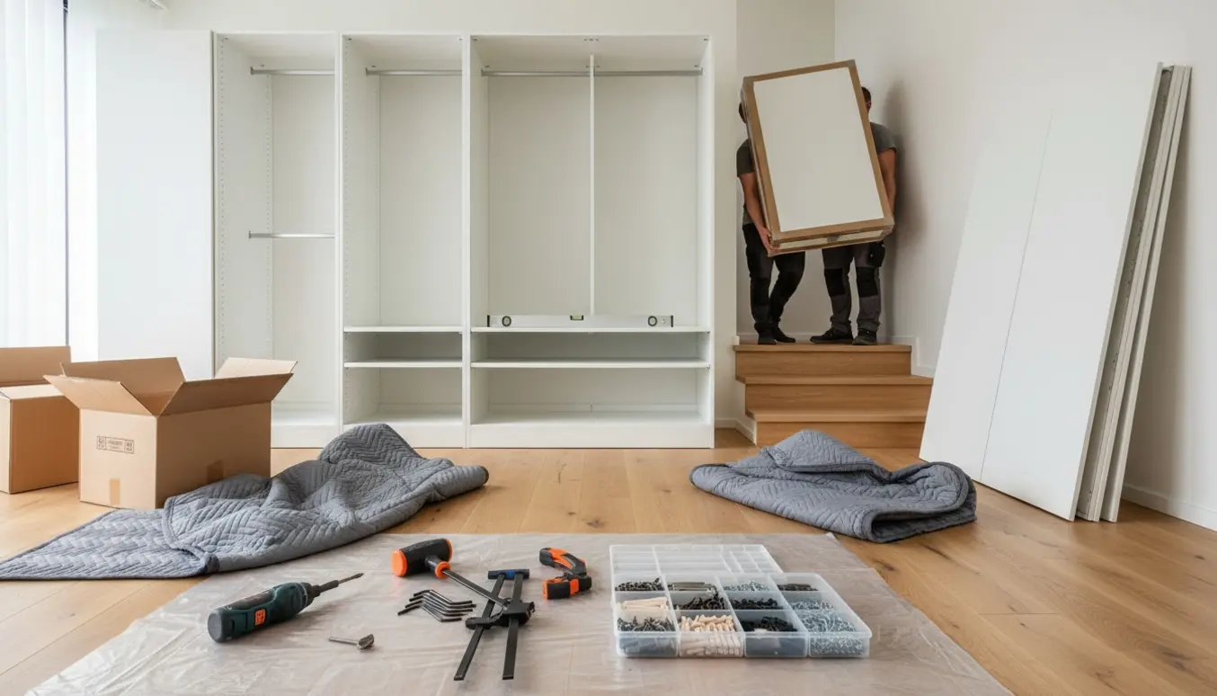 Stort Platsa-lignende garderobeskab under samling i en lys lejlighed med paneler, værktøj og to personer uden synlige ansigter.