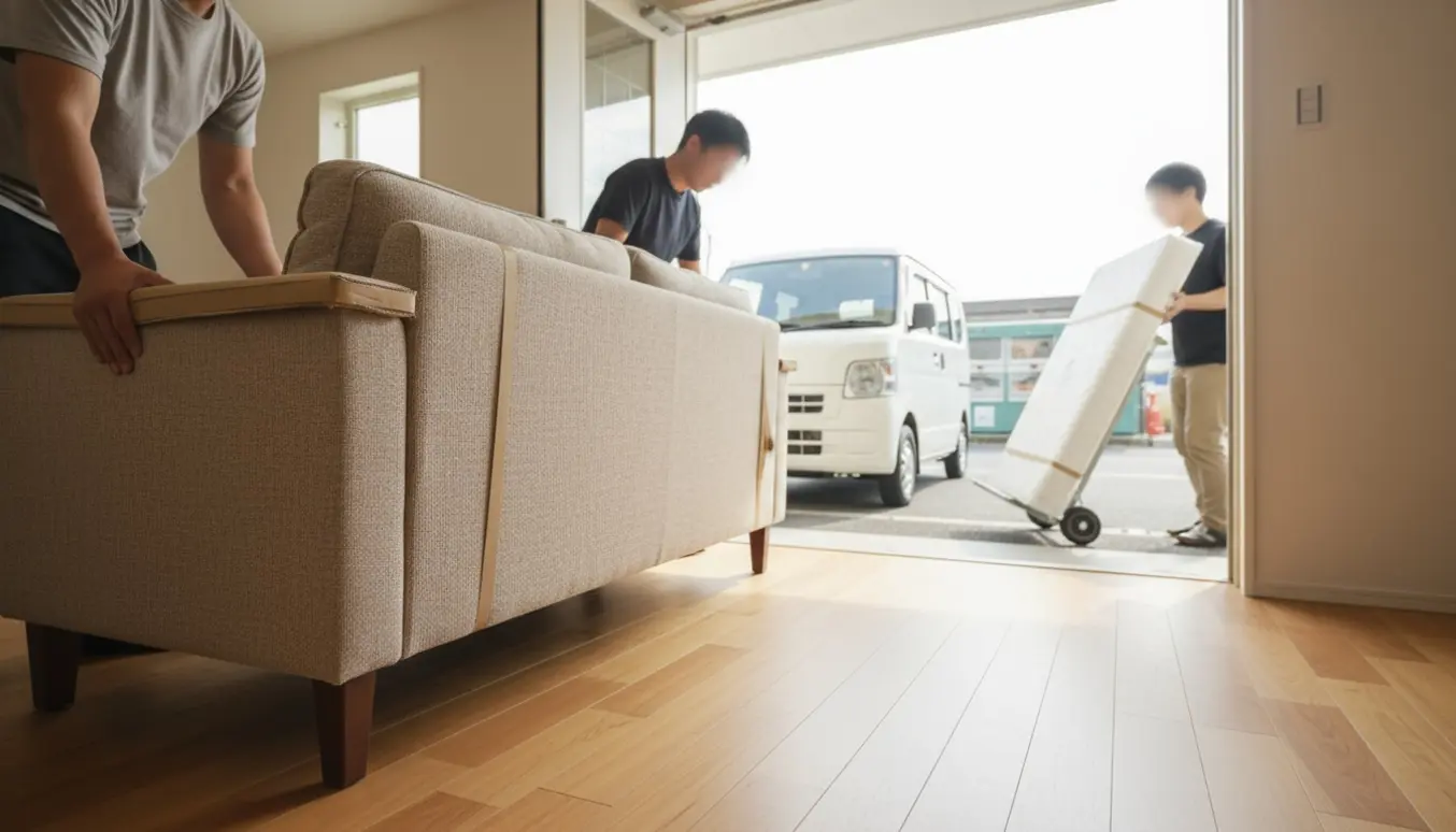 Sofa bæres ud af stuen mod en varebil, mens en 1½-mands madras står på en trillebør ved genbrugspladsen.