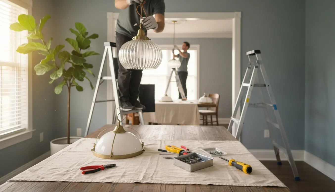 Hænder monterer en ny pendellampe over et spisebord med værktøj og en anden loftslampe ved at blive skiftet i baggrunden.