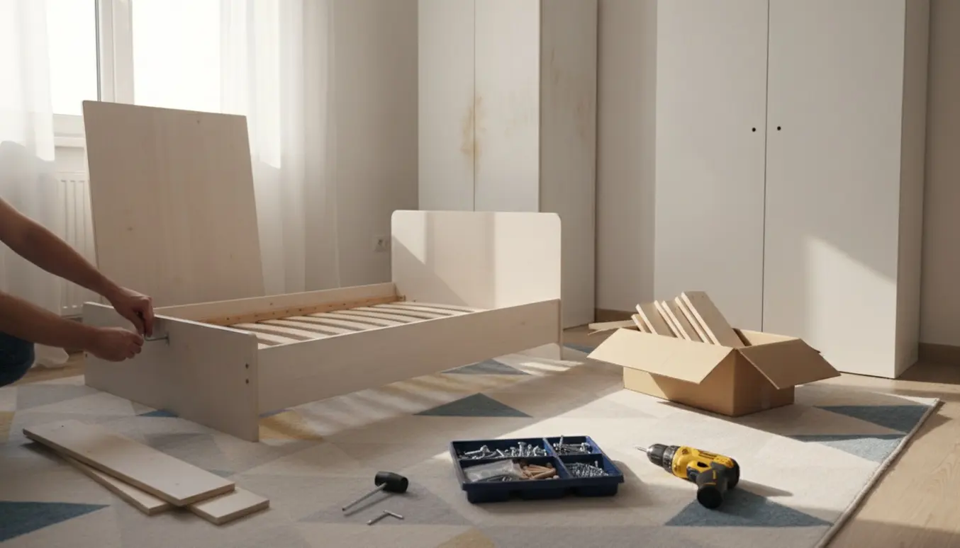Hænder samler en fladpakket seng og klædeskab i et lyst børneværelse med værktøj og dele spredt.