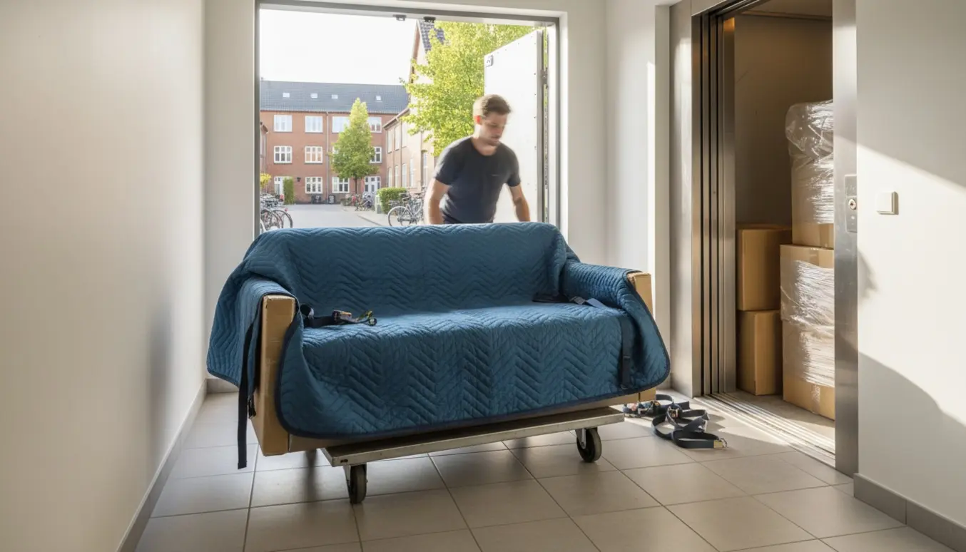 En sofa pakket i flyttetæpper bæres fra varevogn ind i lejlighedens elevator af to flyttemænd.