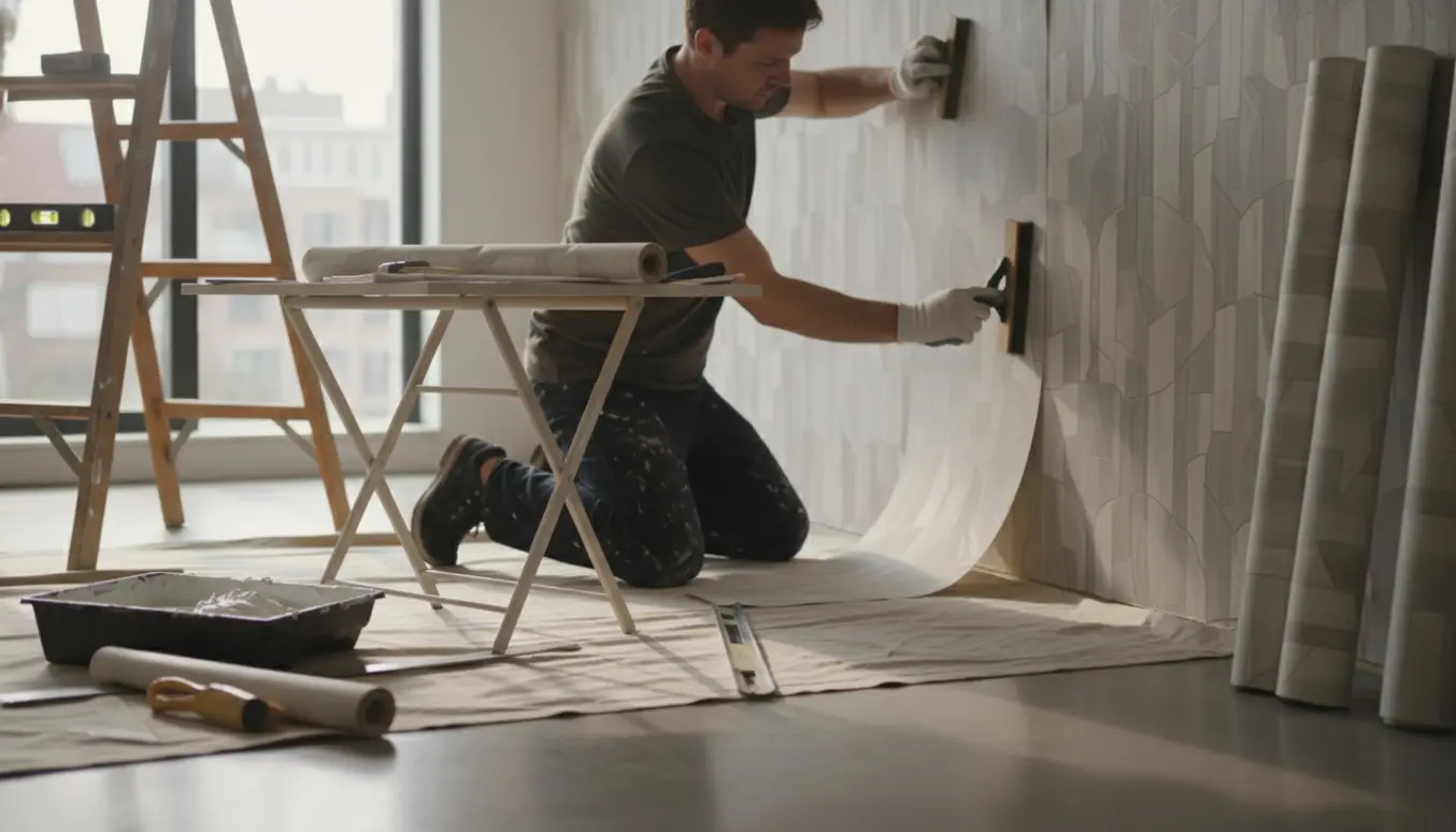 Maler sætter tapet op i et lyst værelse, kun hænder og ryg synlige.