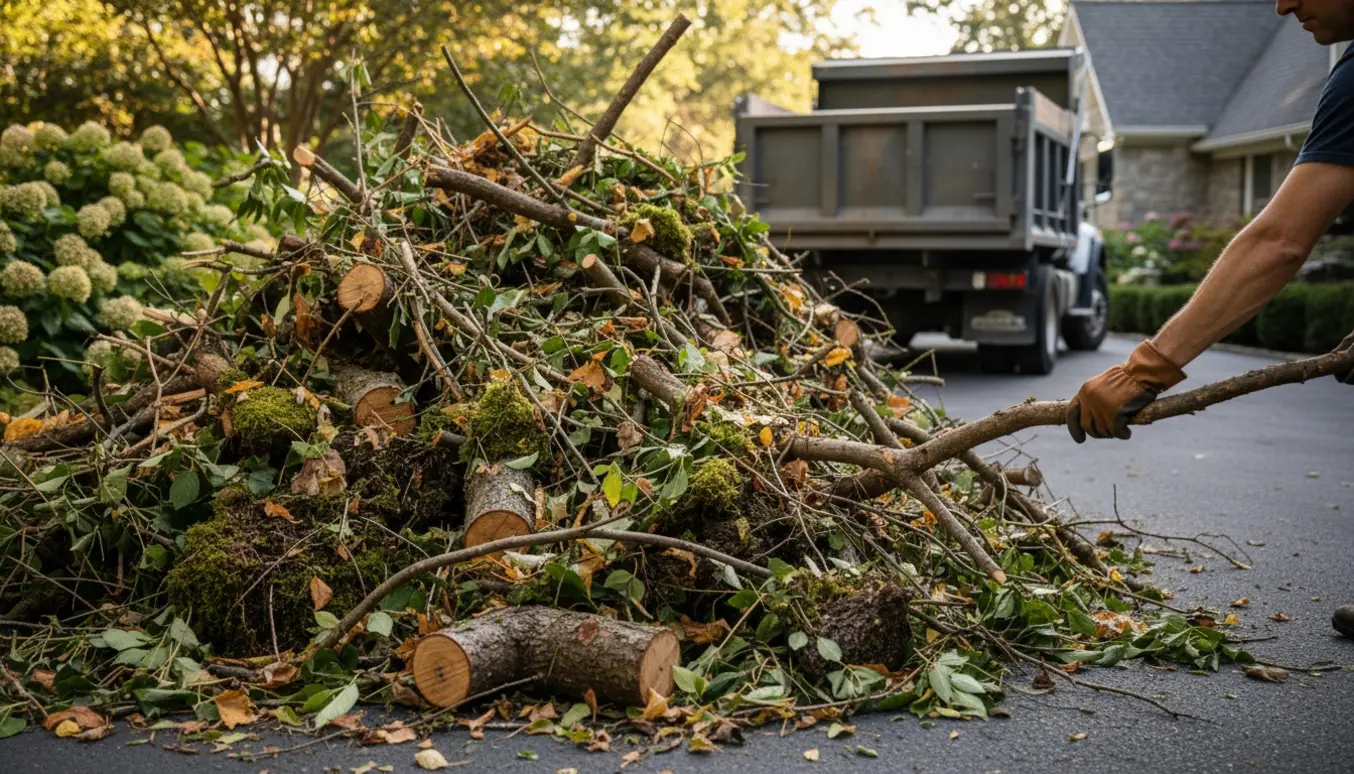 Stor bunke gren- og haveaffald ved indkørsel klar til afhentning med lastbil.