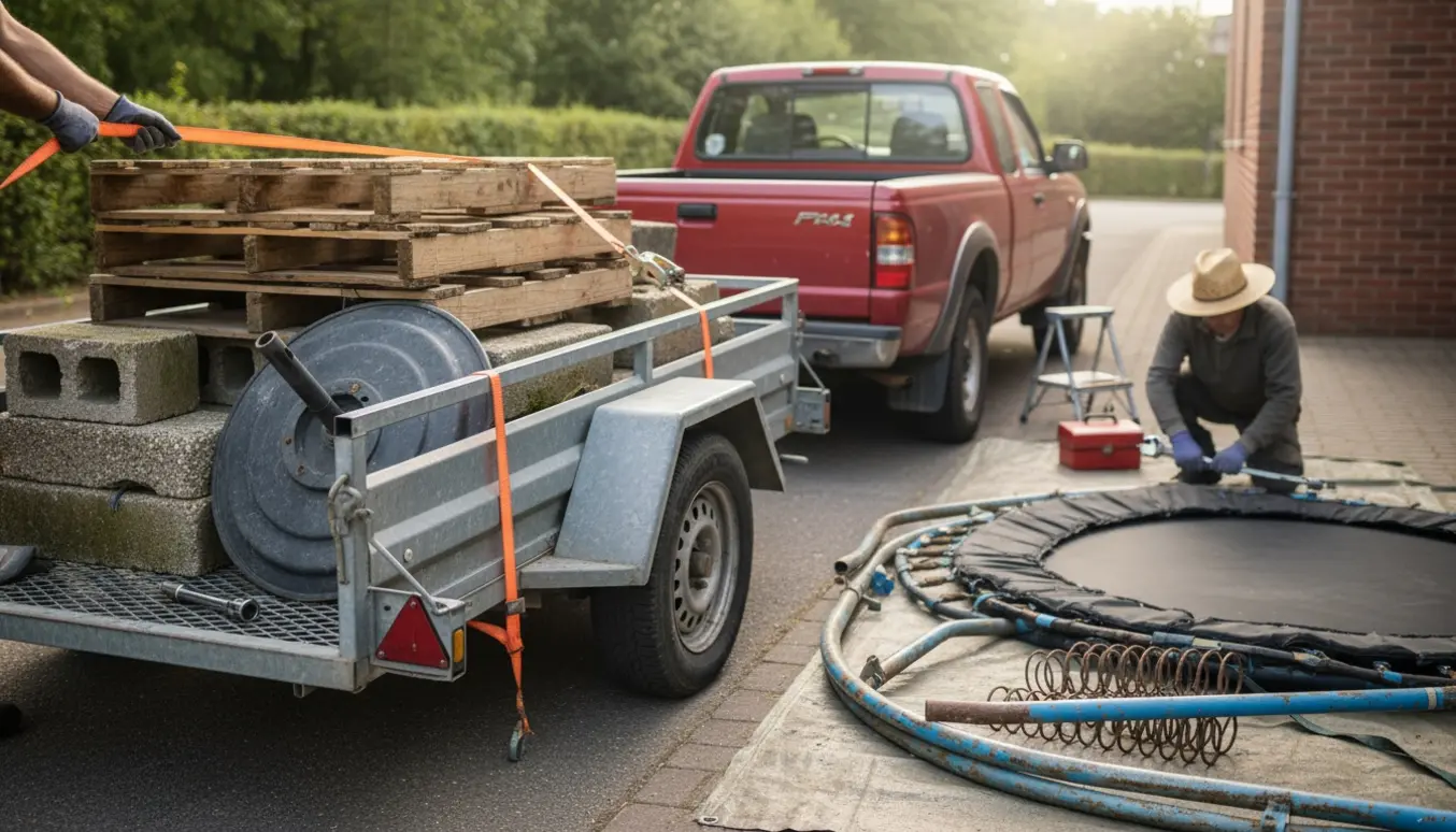 Pickup med trailer læsset med paller, cementblokke og nedtaget trampolin ved en genbrugsplads, arbejdshænder sikrer lasten.
